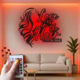 Custom Hairstylist LED Sign | Personalized Metal Wall Art for Salon Decor | Love is in the Hair Light Up Nameplate