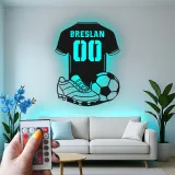 Insegna LED a forma di maglia di calcio personalizzata | Arte murale in metallo per camera di giocatore | Regalo per tifosi di calcio con nome e numero