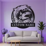Arte da parete in metallo con squalo bianco | Insegna LED personalizzata per ufficio e taverna | Decorazione su misura con onda oceanica | Regalo marino e nautico