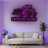 Décoration murale en métal personnalisée avec bulldozer rétroéclairé - Cadeau personnalisé pour passionné de construction - Décor de garage ou de bureau