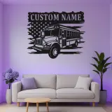 Personalized School Bus Driver LED Sign | American Flag Metal Wall Art | Custom Name Gift for Garage or Office Decor
