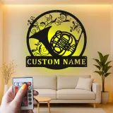 French Horn Metal Wall Art | Personalized LED Sign for Music Room | Custom Musician Name Plaque | Studio Decor Gift