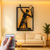 Personalized Tennis Player Metal Wall Art | Custom LED Name Sign for Game Room | Athlete Silhouette Decor