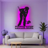 Insegna in metallo con giocatore di curling e luce LED - Regalo sportivo per appassionati di curling - Decorazione per sala giochi