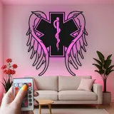 Insegna LED Star of Life | Arte in metallo personalizzata per EMT e paramedici | Simbolo medico con ali d'angelo | Regalo per primo soccorritore e decorazione per cliniche