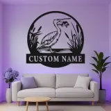 Insegna in metallo personalizzata con Airone e luci LED | Arte murale di fauna selvatica personalizzata | Decorazione per casa al lago e patio esterno