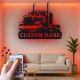 Personalisierte Semi-Truck LED-Schild | Individuelle Metall-Wandkunst für Garage | Big Rig Dekor für Trucker