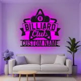 Custom Billiard Club Led Light Metal Wall Art Personalized Gift for Pool Players Game Room Decor