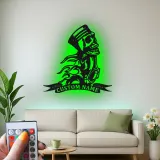 Cartel de metal personalizado con calavera de motocicleta | Señal de garaje de motorista con LED | Decoración de hombre de cueva con llamas de pistón
