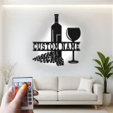 Décoration murale en métal personnalisée pour bouteille et verre de vin avec rétroéclairage LED - Cadeau personnalisé pour les amateurs de vin - Décor de cuisine ou de bar