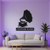 Arte Murale in Metallo con Gramofono Personalizzato | Decorazione Musicale Illuminata a LED | Insegna con Nome Personalizzato per Studio o Soggiorno