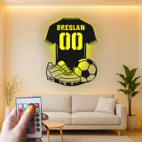 Insegna LED a forma di maglia di calcio personalizzata | Arte murale in metallo per camera di giocatore | Regalo per tifosi di calcio con nome e numero
