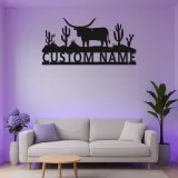 Panneau Métallique Longhorn du Texas Personnalisé | Art Murale Rétroéclairé avec Nom de Ranch | Décoration Rustique de Cactus du Désert pour Ferme et Extérieur