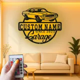 Insegna LED in metallo con muscle car su misura | Arte da parete personalizzata per garage | Arredo vintage per auto | Regalo per appassionati di auto | Arredo industriale per man cave