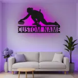 Personalisierte LED-Metall-Wandkunst mit Curling-Spieler – Sportgeschenk für Curling-Fans, Deko fürs Spielzimmer