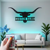 Décoration murale en métal personnalisée avec longhorn et rétroéclairage LED - Cadeau ranch, décoration western pour salon ou man cave