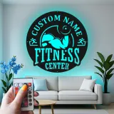 Panneau de salle de sport personnalisé | Décoration murale LED en métal pour centre de fitness | Cadeau de décor sur mesure pour propriétaire de salle