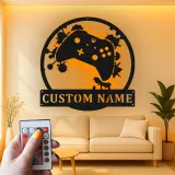 Insegna gamer personalizzata | Insegna LED in metallo personalizzata | Decorazione per sala giochi per ragazzi e uomini | Targa luminosa con controller e nome