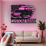 Personalisierter Vintage-Truck mit amerikanischer Flagge LED-Licht Metall-Wandkunst Geschenk für Ihn Garagen- oder Männerecken-Dekor