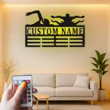 Custom Swimmer LED Medal Hanger | Personalized Metal Wall Art | Swim Team Gift | Athletic Display Decor