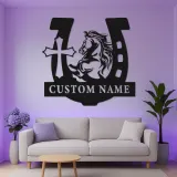 Personalized Horse & Cross LED Sign | Custom Horseshoe Metal Wall Art | Equestrian Gift for Rider | Barn, Stable & Ranch Decor