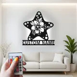 Cartel Personalizado de Hibisco y Estrella de Mar | Arte de Metal de Pared Personalizado con LED | Decoración de Casa de Playa Costera y Carteles para Salones