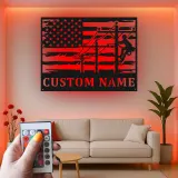 Cartel de metal personalizado para liniero | Arte LED con bandera americana personalizada | Regalo para electricista y decoración patriótica para trabajador de servicios públicos