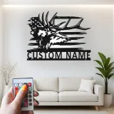 Custom Elk American Flag Led Light Metal Wall Art Personalized Gift for Hunters Rustic Cabin Decor