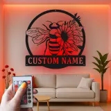 Custom Bee and Flower Led Light Metal Wall Art Personalized Garden Lover Gift Outdoor Patio Decor