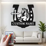 Personalized Horse & Cross LED Sign | Custom Horseshoe Metal Wall Art | Equestrian Gift for Rider | Barn, Stable & Ranch Decor