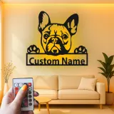 Plaque en métal bouledogue français personnalisée | Décoration murale LED avec prénom | Cadeau moderne pour amoureux des chiens | Déco souvenir pour animal de compagnie