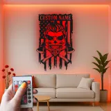 Patriotic Skull LED Wall Art | Custom Firefighter Metal Sign | American Flag Man Cave Decor | Personalized Gift for Him