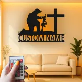 Kneeling Soldier Memorial Sign | Personalized LED Metal Art for Veterans | Custom Military Tribute | Christian Cross Wall Decor