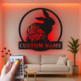 Personalized Rabbit Sign with LED | Custom Floral Bunny Metal Wall Art | Boho Nursery Decor | Unique Easter & Rabbit Lover Gift