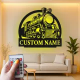 Insegna in metallo personalizzata con luce LED di locomotiva a vapore per appassionati di treni, regalo per man cave o decorazione per ufficio