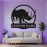 Rhinoceros Metal Wall Art | Custom Name LED Sign | Wildlife Safari Decor for Living Room or Office | Unique Animal Lover Gift