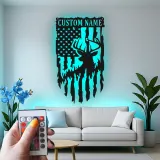 Insegna in metallo LED personalizzata con cervo e bandiera americana - Regalo per cacciatori - Decorazione per cabine rustiche