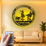 Décoration murale en métal personnalisée Cowboy Rodeo avec rétroéclairage LED - Cadeau western pour les éleveurs - Décor de salon rustique