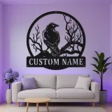Insegna in metallo Raven | Insegna LED personalizzata per decorazioni gotiche | Regalo per amanti degli uccelli | Decorazione di Halloween per casa e ufficio