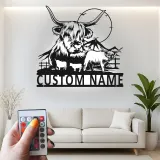 Arte mural de metal LED de vaca Highland | Cartel personalizado para rancho | Decoración rústica personalizada para amantes del ganado | Placa familiar rústica
