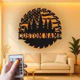 Personalized Saw Blade Metal Sign | Forest & Flag LED Wall Art | Custom Name Cabin Decor | Outdoorsman Gift for Him