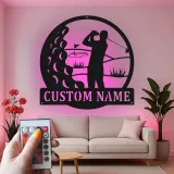 Panneau métallique personnalisé pour golfeur | Décoration LED avec prénom | Cadeau pour amateur de golf | Déco de man cave et bar à domicile