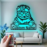 Personalisierte Scottish Fold Katze LED-beleuchtete Metall-Wandkunst Geschenk für Katzenliebhaber