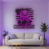 Insegna in metallo LED personalizzata con cervo e bandiera americana - Regalo personalizzato per cacciatori, decorazione rustica per cabin