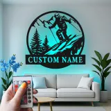 Custom Skiing Led Light Metal Wall Art Personalized Gift for Skiers Mountain Lodge Decor