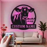 Décoration murale en métal LED personnalisée Ferme Vache - Cadeau pour agriculteur - Décor de grange rustique 1