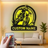 Personalisierte Metall-Wandkunst mit LED-Beleuchtung für Motocross-Fahrer – Geschenk für Dirtbike-Enthusiasten, Garage oder Spielzimmer Dekor