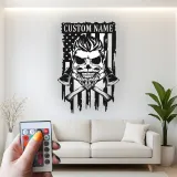 Insegna Personalizzata per Vigile del Fuoco | Arte in Metallo Teschio LED con Bandiera Americana | Regalo con Nome Personalizzato per Vigile del Fuoco | Decorazione Parete Man Cave e Garage