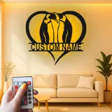Arte Murale in Metallo Personalizzata con Pinguino e LED | Regalo di Anniversario per Coppia | Insegna Silhouette a Cuore per Amanti dei Pinguini