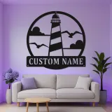 Panneau LED en métal de phare | Décor mural nautique | Cadeau de maison de plage personnalisé | Lumière de silhouette côtière